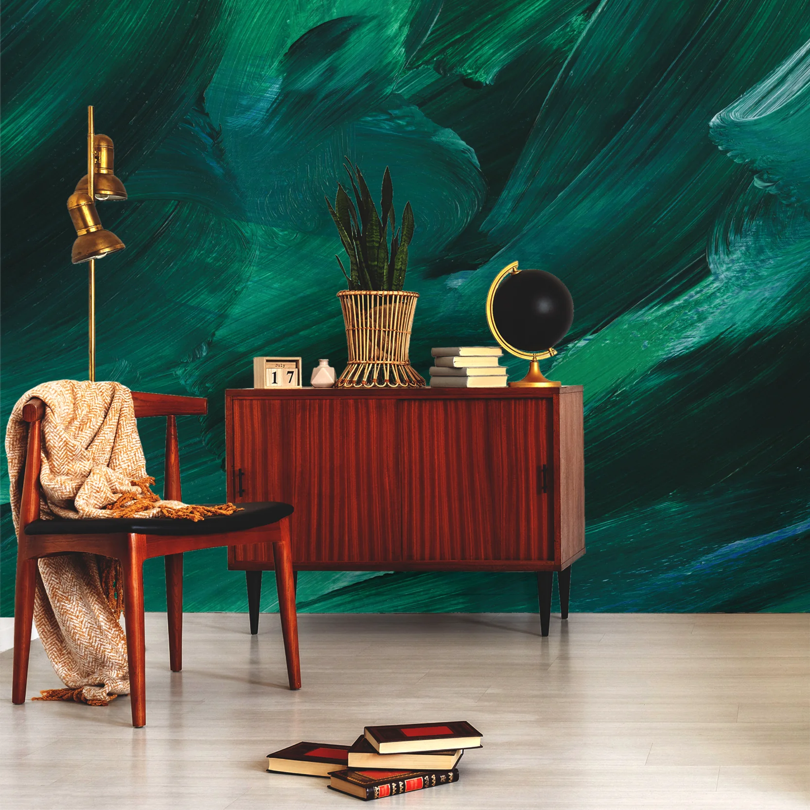 Emerald Brushstrokes - Abstract Emerald Textured Brush Strokes Wallpaper Mural - Image 3