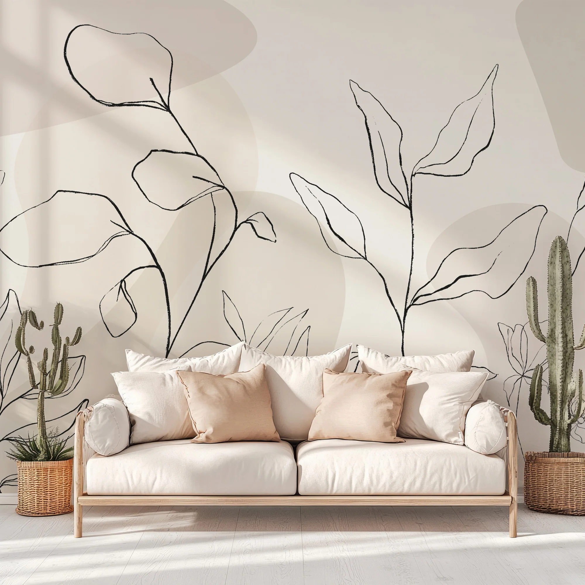 Dusty Botany - Beige Botanical Abstract Floral Outline Wall Mural - Image 3