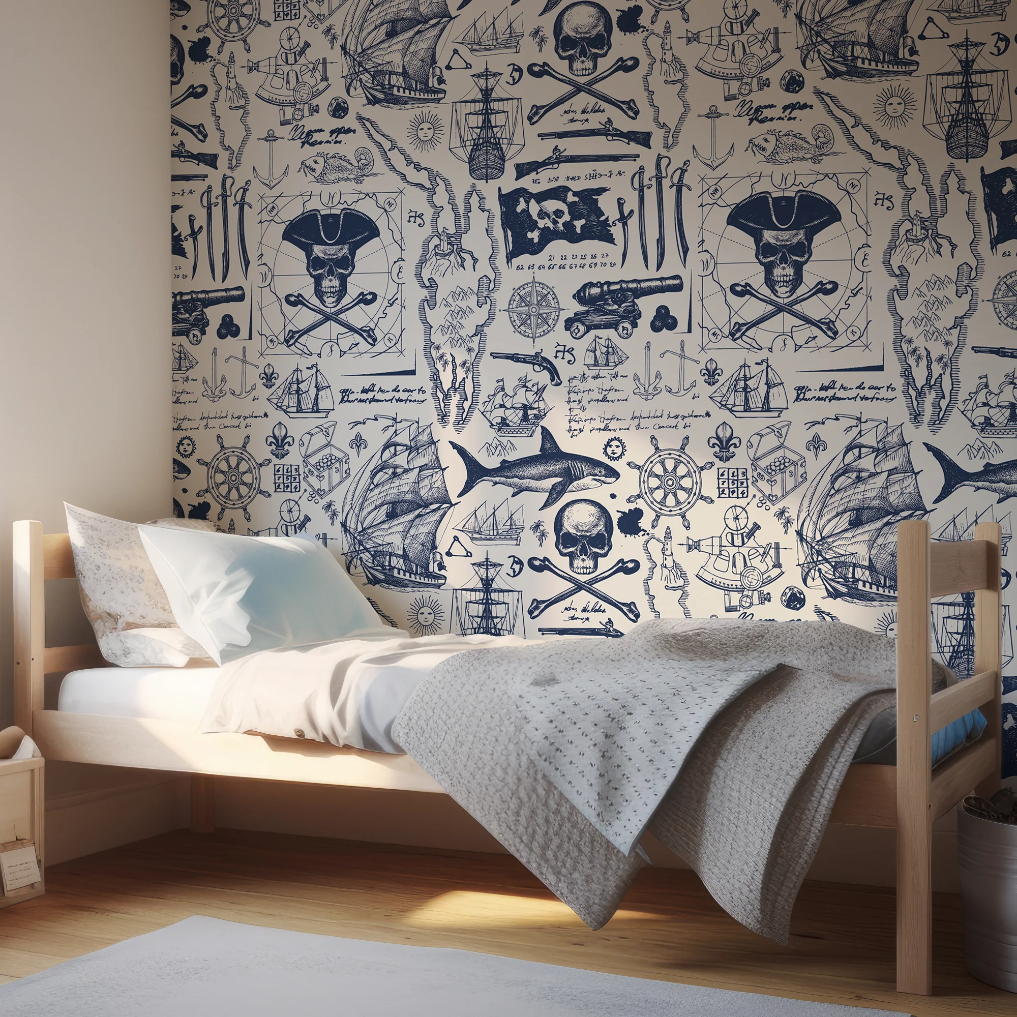 Blackbeard Navy - Blue Pirate Map & Skulls Wallpaper - Image 3