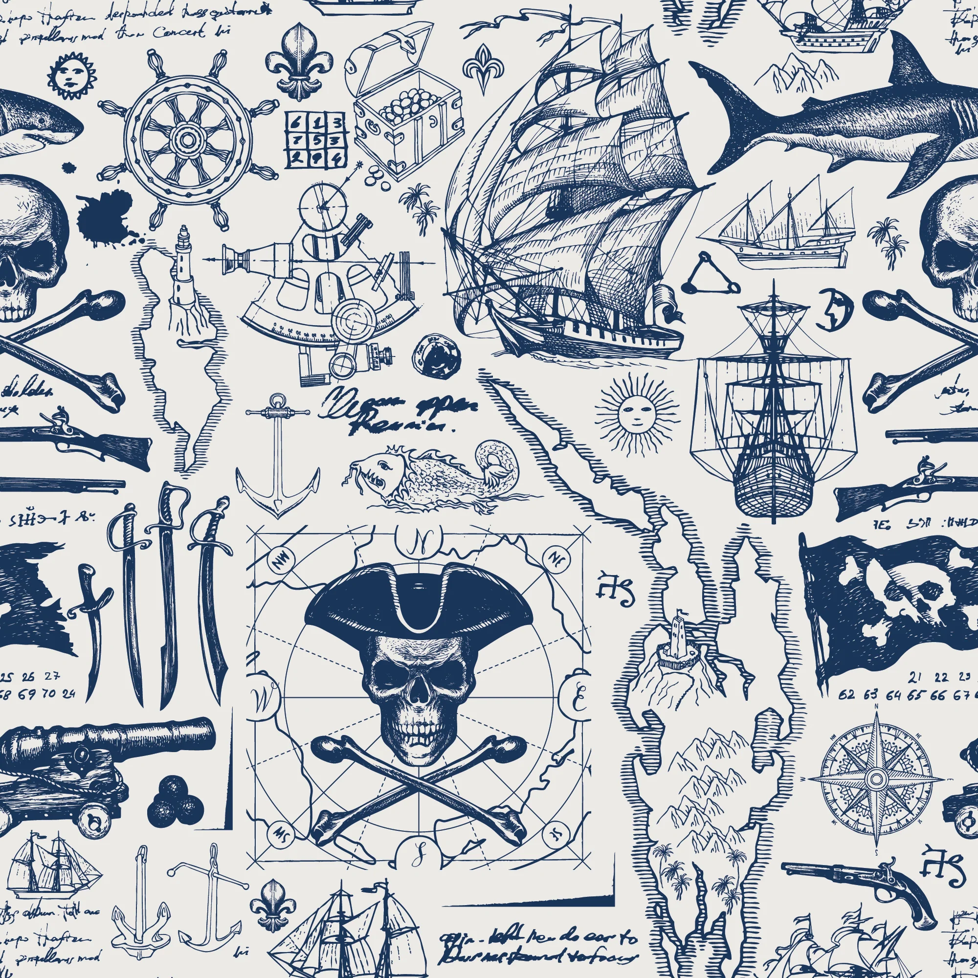 Blackbeard Navy - Blue Pirate Map & Skulls Wallpaper - Image 4