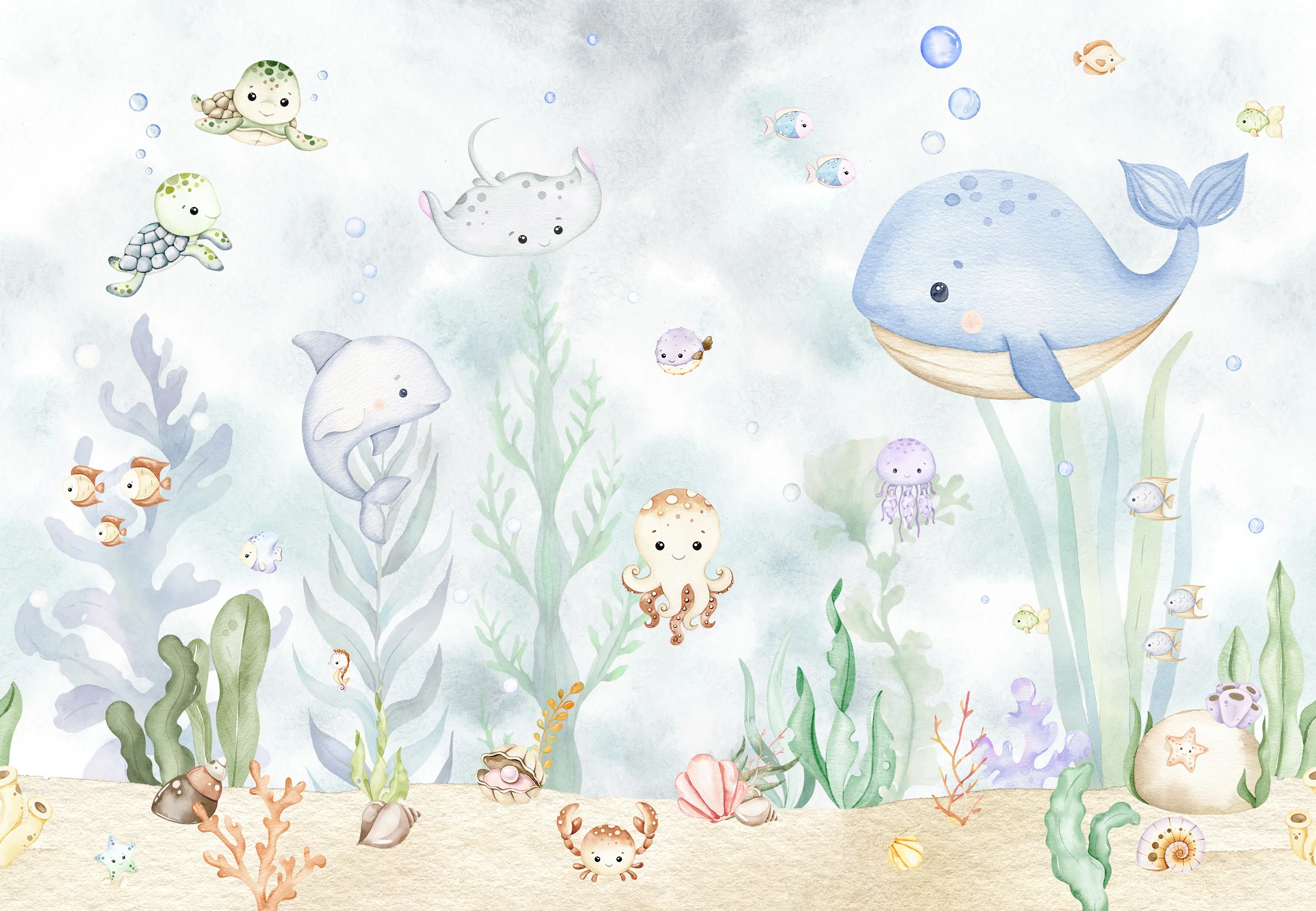 Caspian - Baby Watercolour Ocean Life Nursery Wallpaper Mural - Image 4