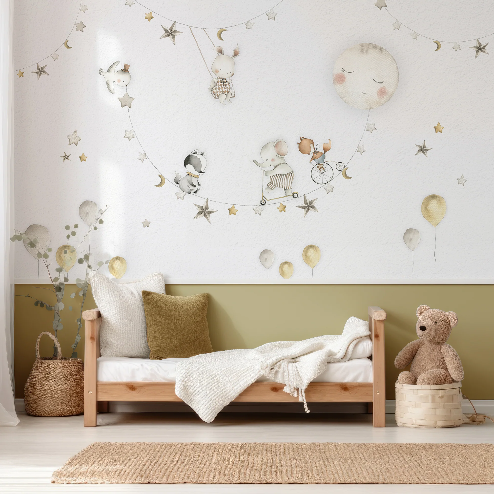 Sleeping Moon - Cute White Nursery Animals, Stars and Moon Wallpaper Mural - Image 3