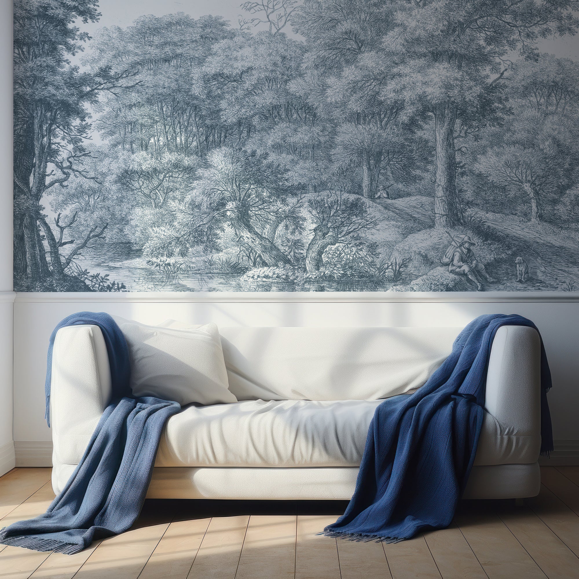 Waterloo Woods Blue - English Etched Blue Countryside Wallpaper Mural - Image 3