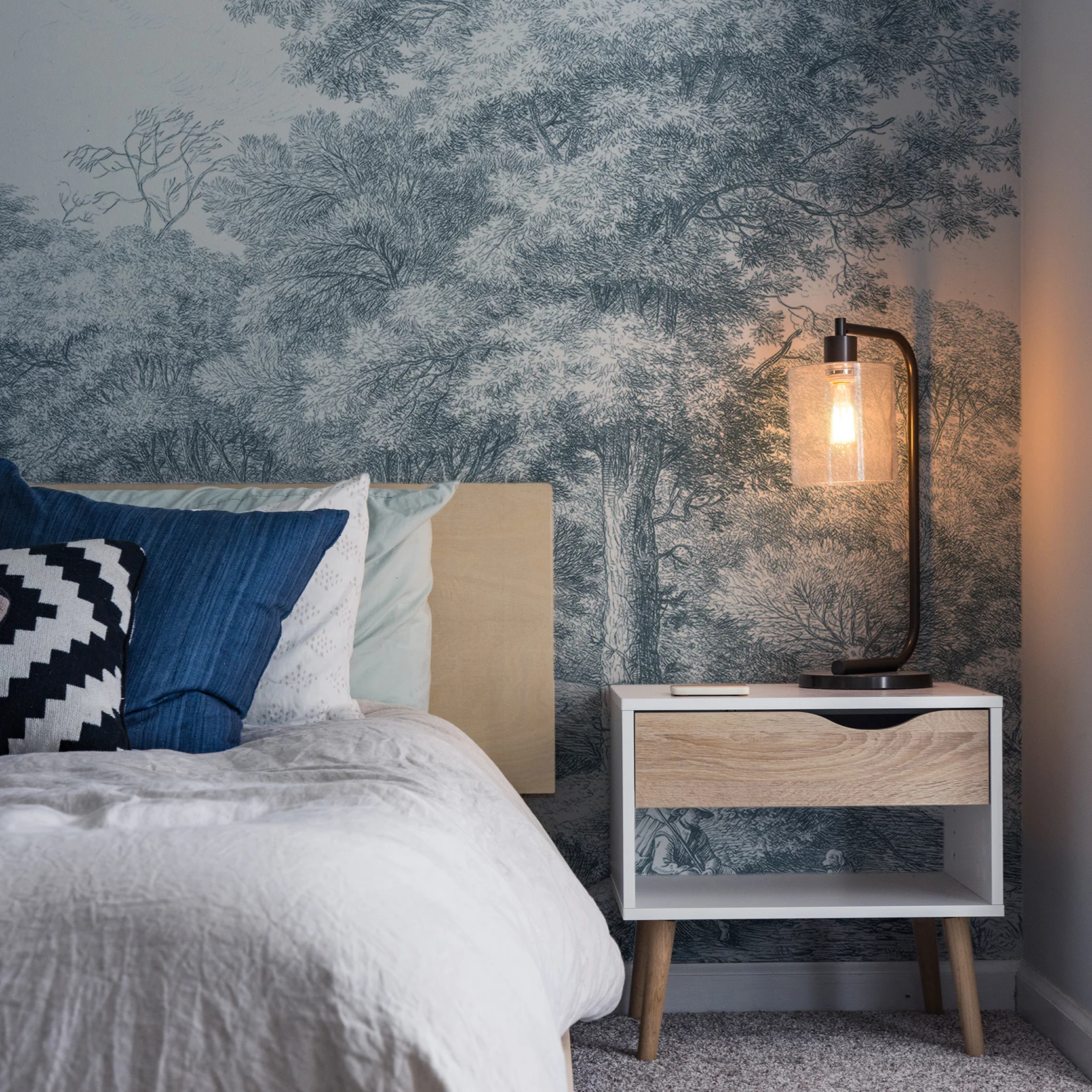 Waterloo Woods Blue - English Etched Blue Countryside Wallpaper Mural - Image 4