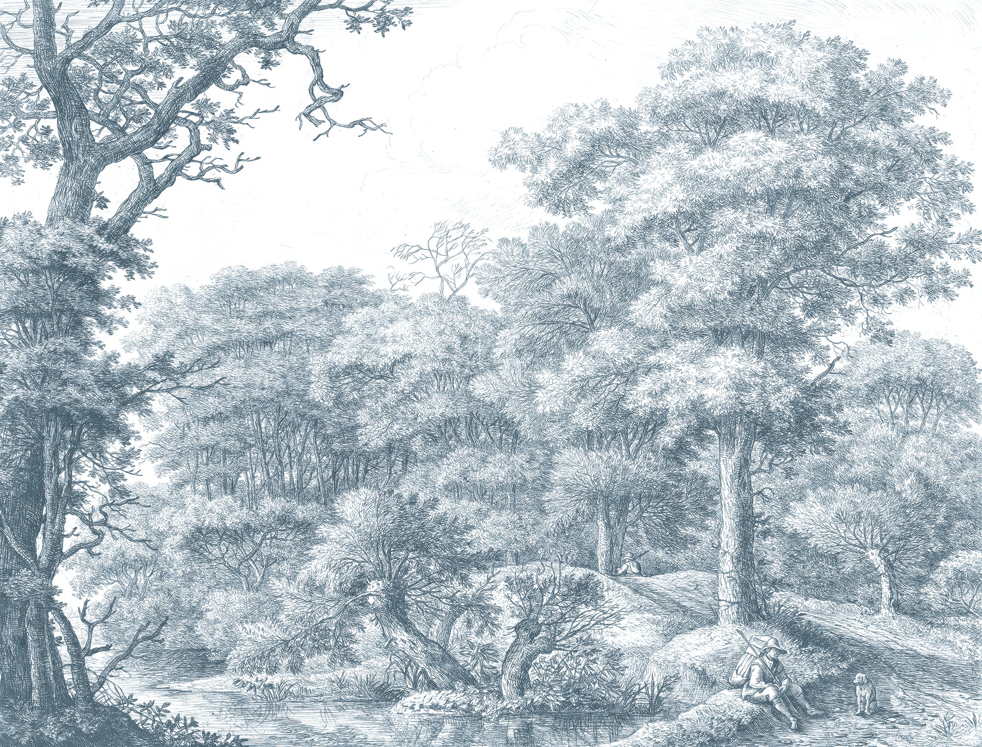 Waterloo Woods Blue - English Etched Blue Countryside Wallpaper Mural - Image 5