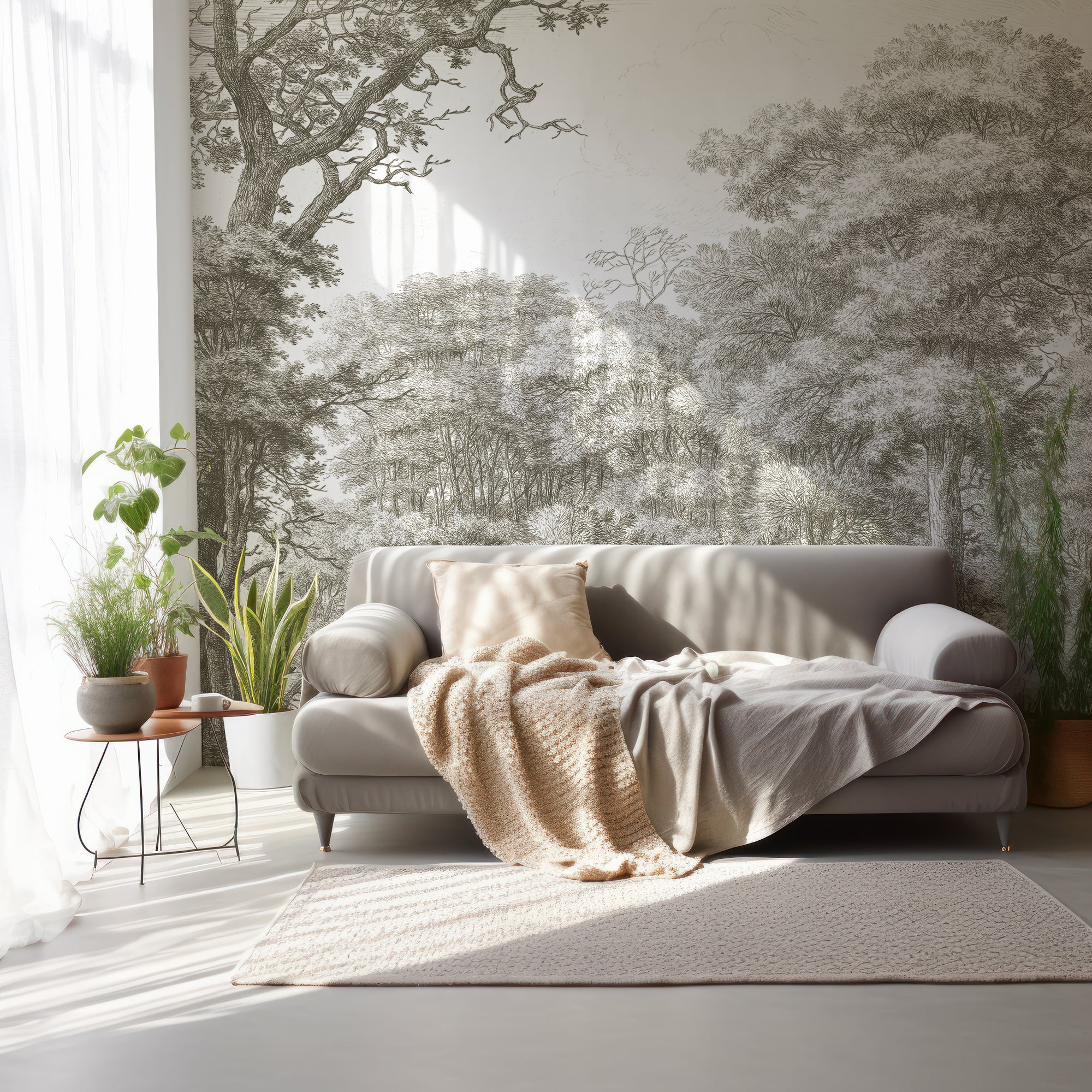 Waterloo Woods Greige - English Etched Greige Countryside Wallpaper Mural - Image 3
