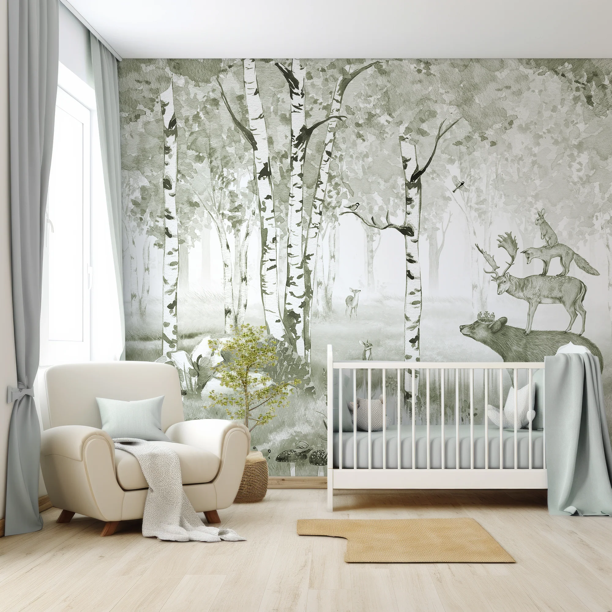 Bear King Green - Children's Green Watercolour Woodland Wallpaper Mural - Image 3
