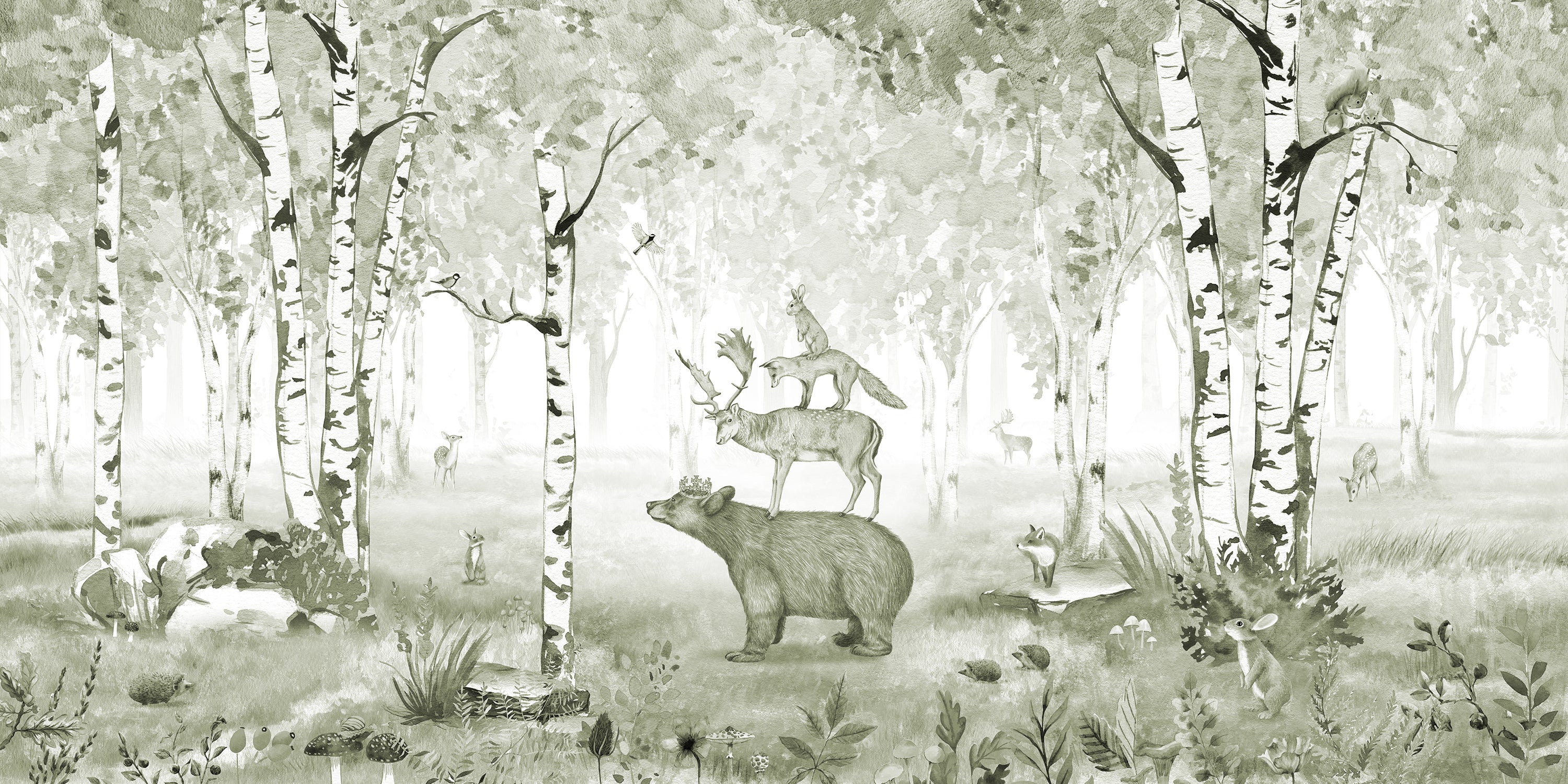 Bear King Green - Children's Green Watercolour Woodland Wallpaper Mural - Image 4