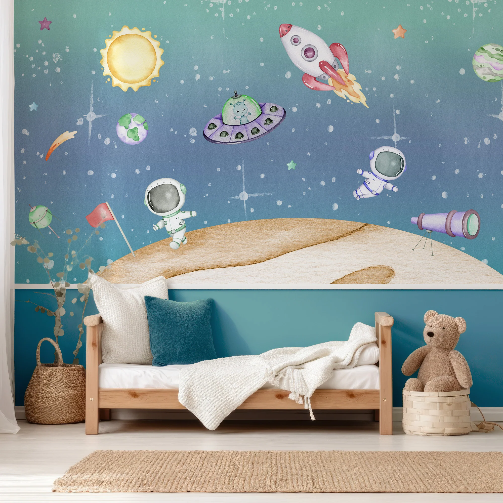 Light Year - Cute Watercolour Children's Astronauts in Space Wallpaper Mural - Image 3