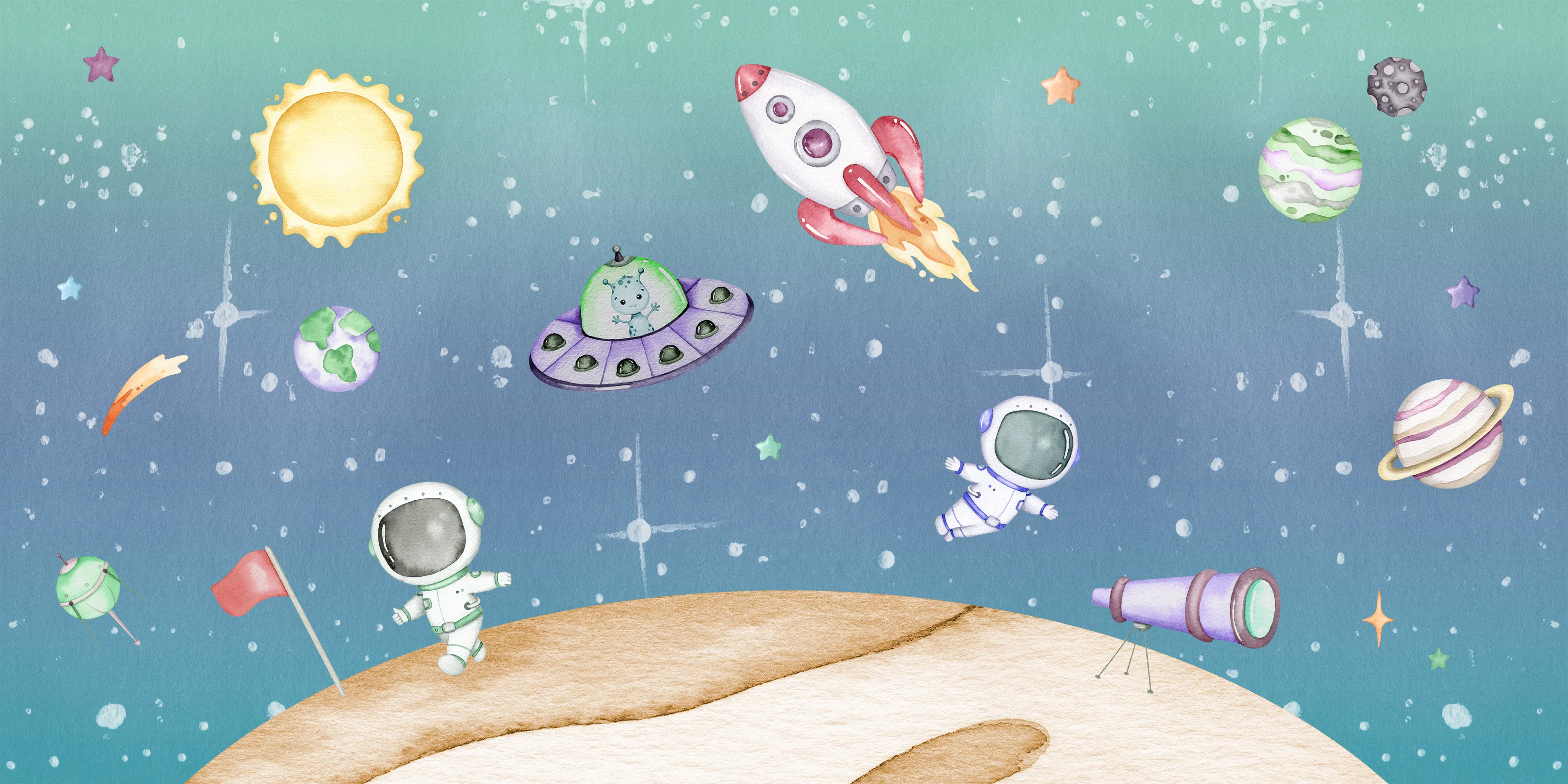 Light Year - Cute Watercolour Children's Astronauts in Space Wallpaper Mural - Image 4