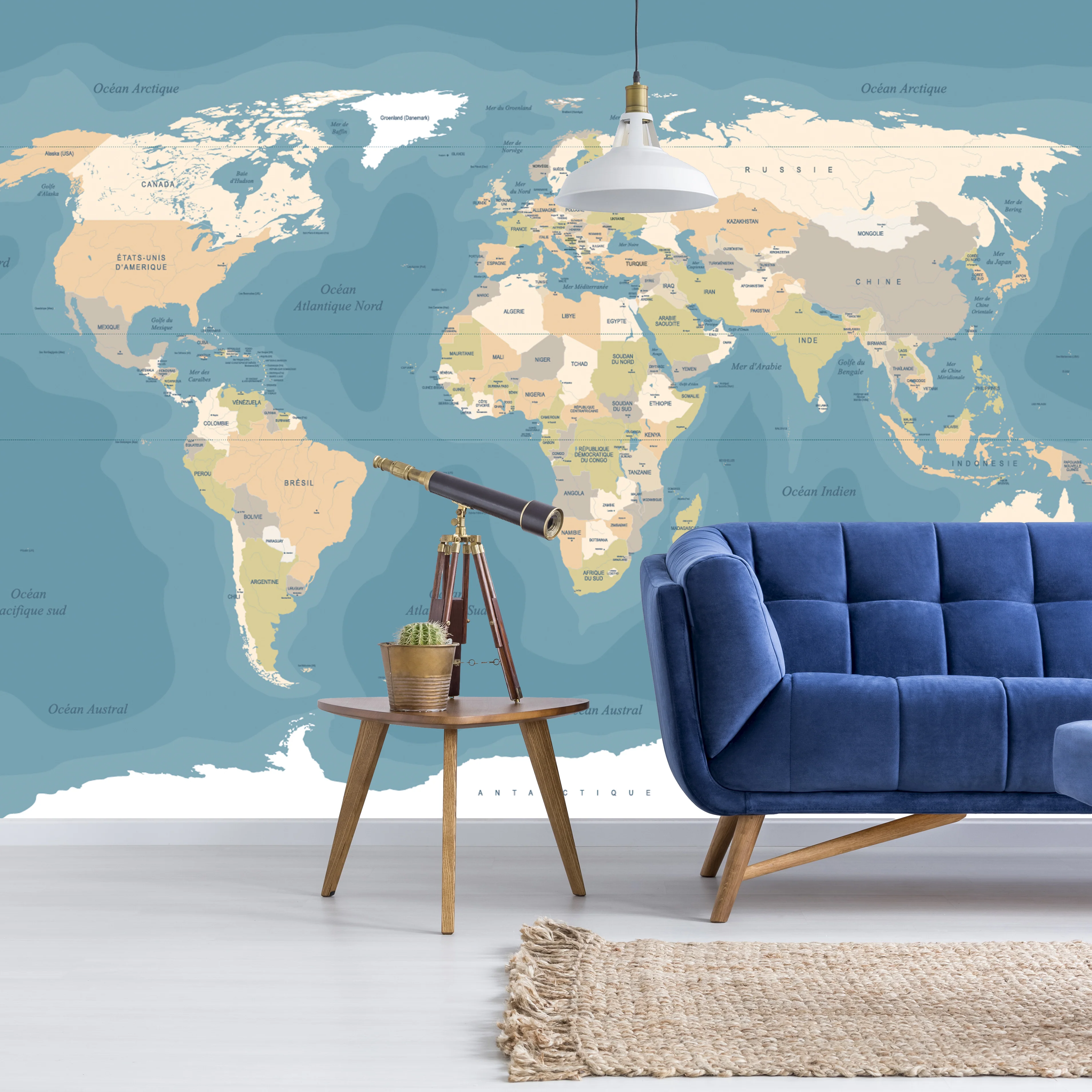 Mappemonde - Papier Peints Panoramique Cart du Monde Bleu en Français
