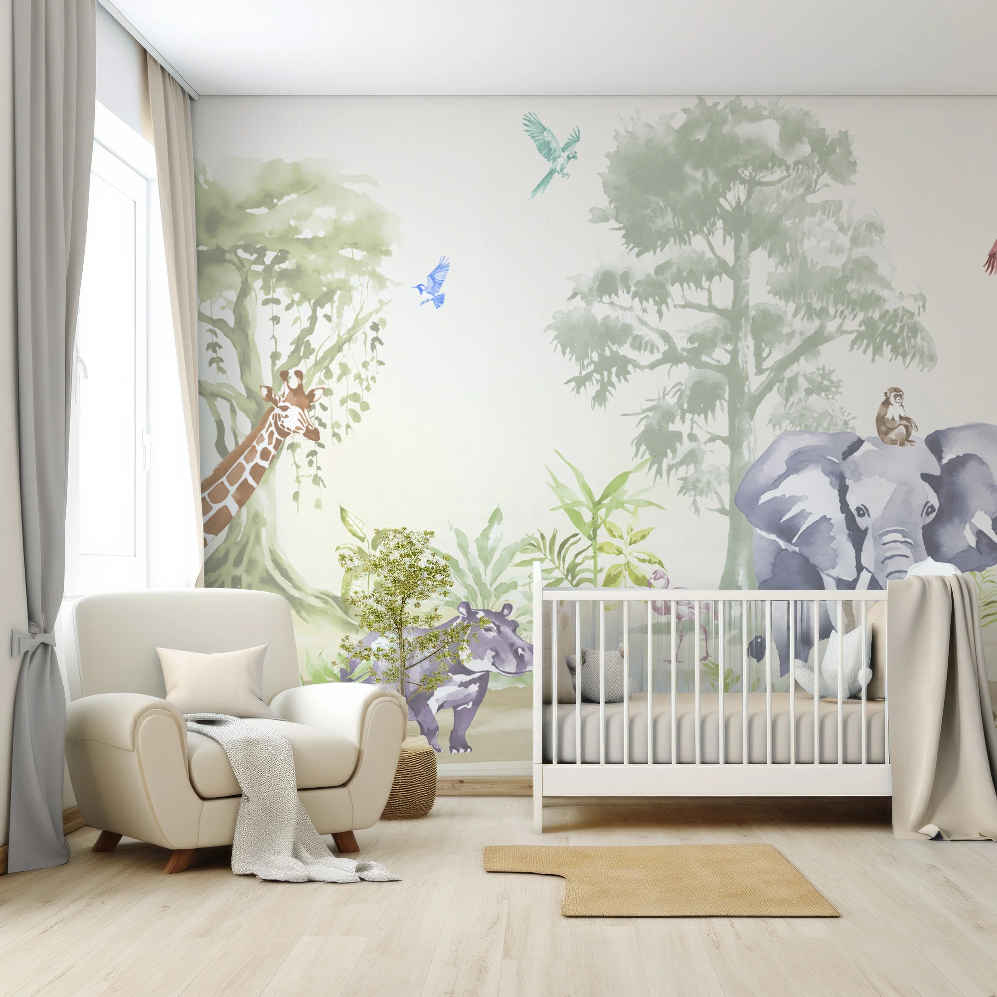 Sango Pano - Colourful Watercolour Kids Jungle Safari Animal Wallpaper Mural - Image 2