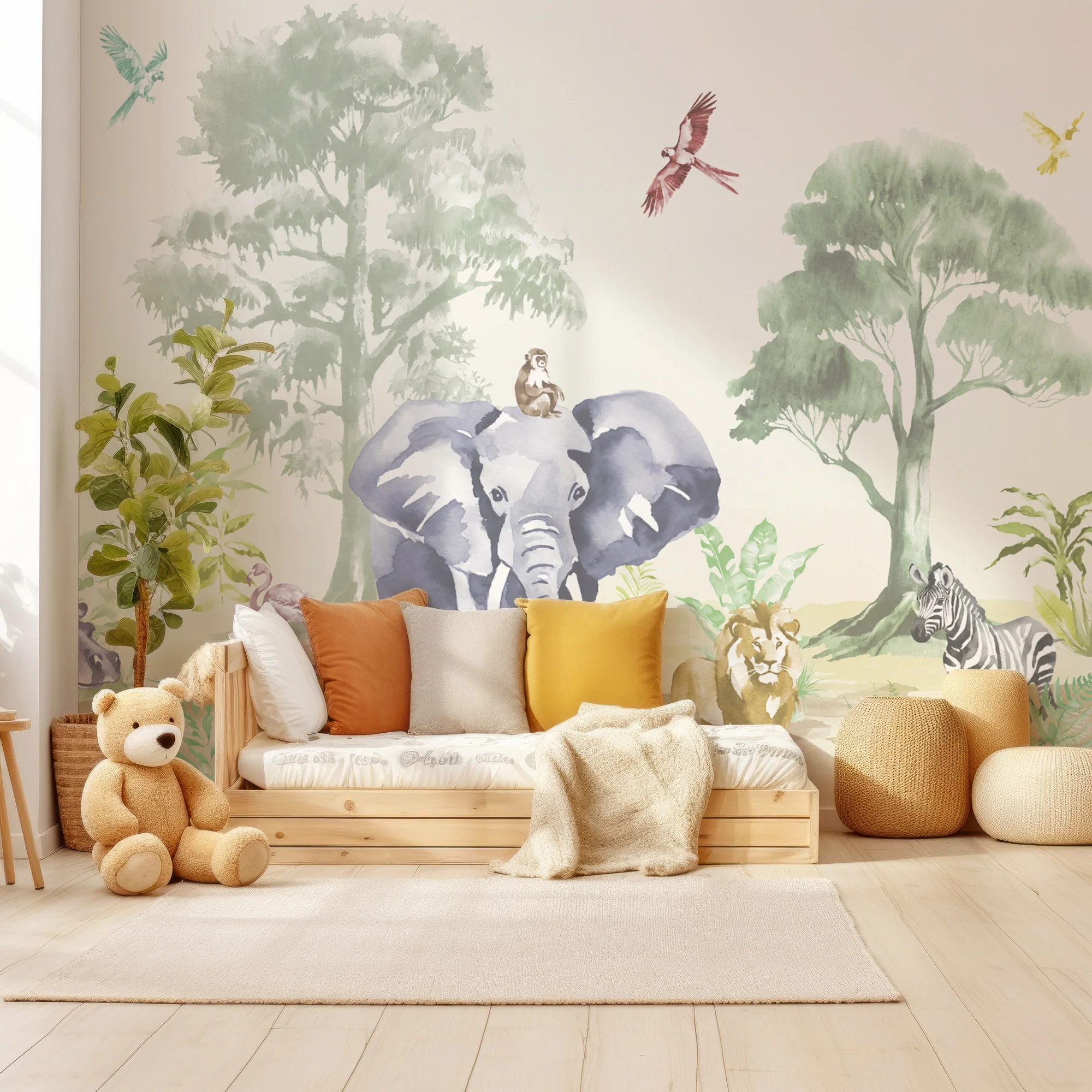 Sango Pano - Colourful Watercolour Kids Jungle Safari Animal Wallpaper Mural - Image 3