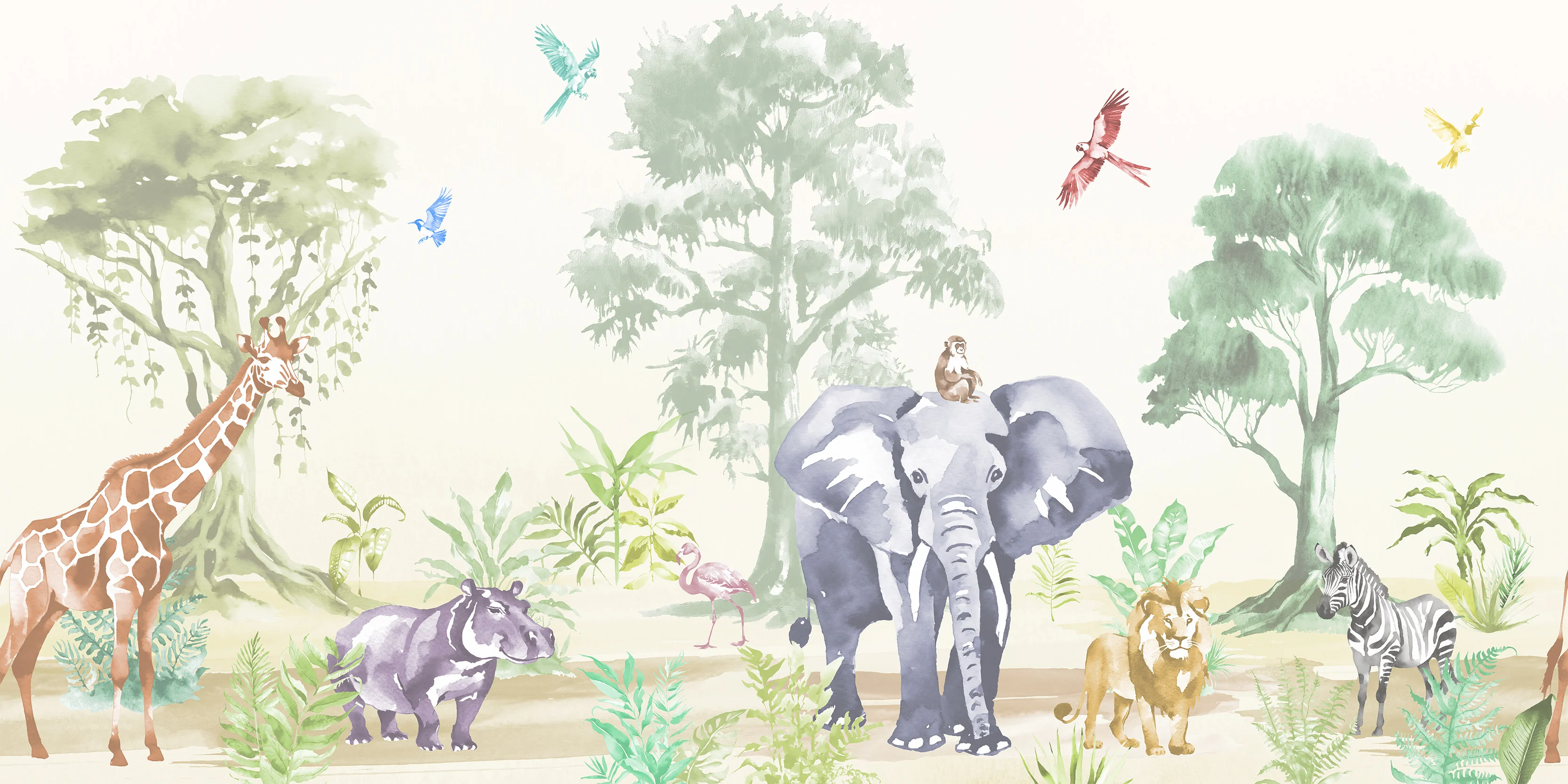 Sango Pano - Colourful Watercolour Kids Jungle Safari Animal Wallpaper Mural - Image 4