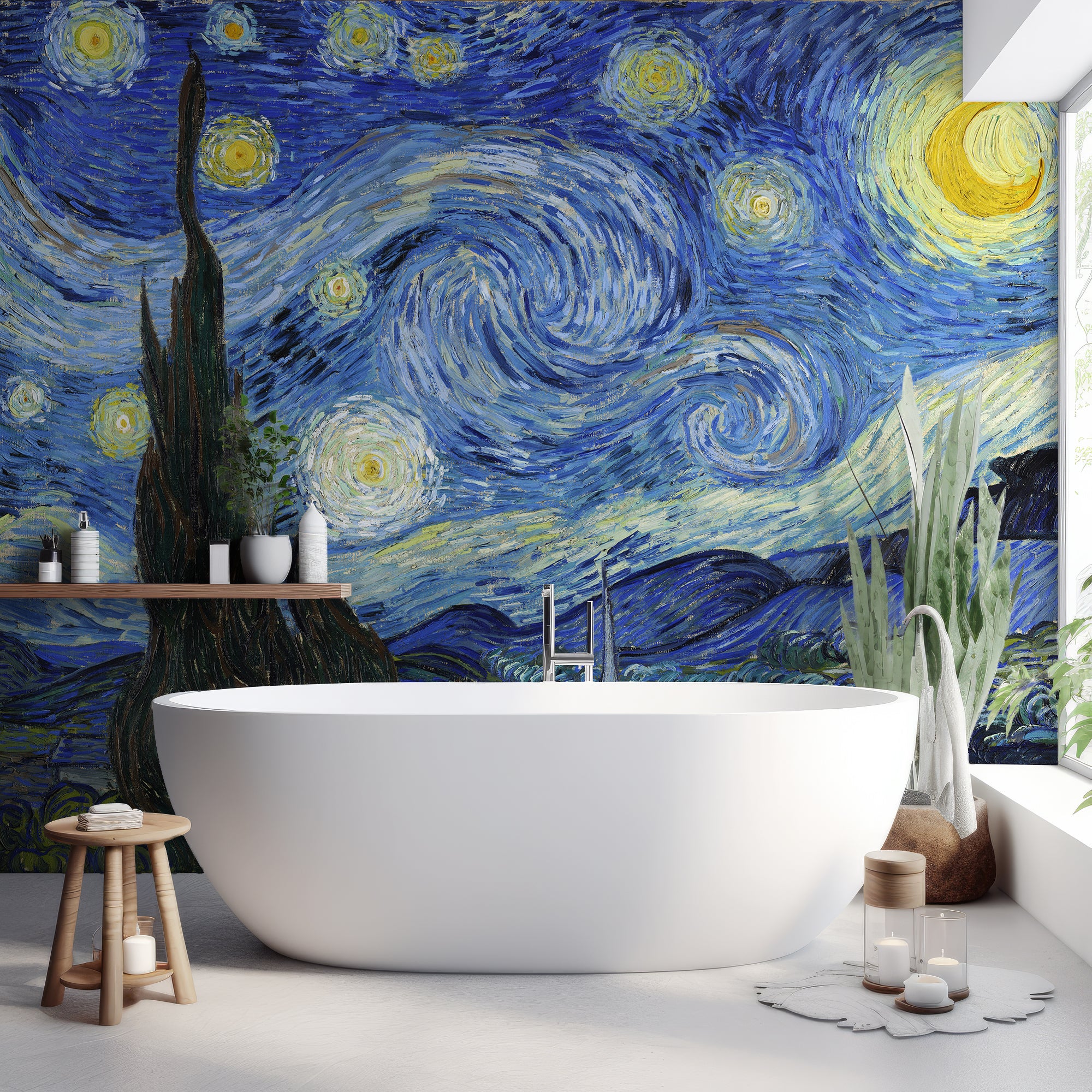 Starry Night - Swirling Oil Painting of Stars Above A Small Village Wallpaper Mural