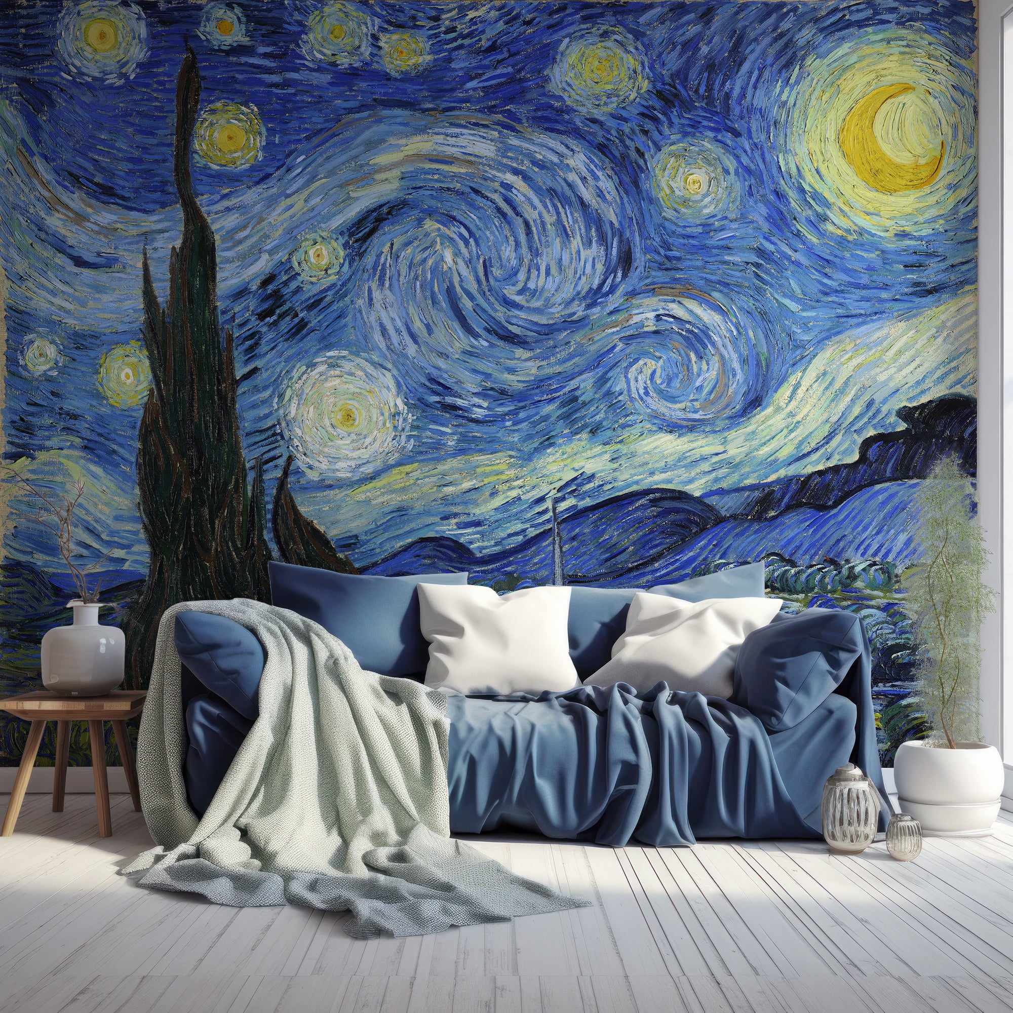 Starry Night - Swirling Oil Painting of Stars Above A Small Village Wallpaper Mural - Image 2