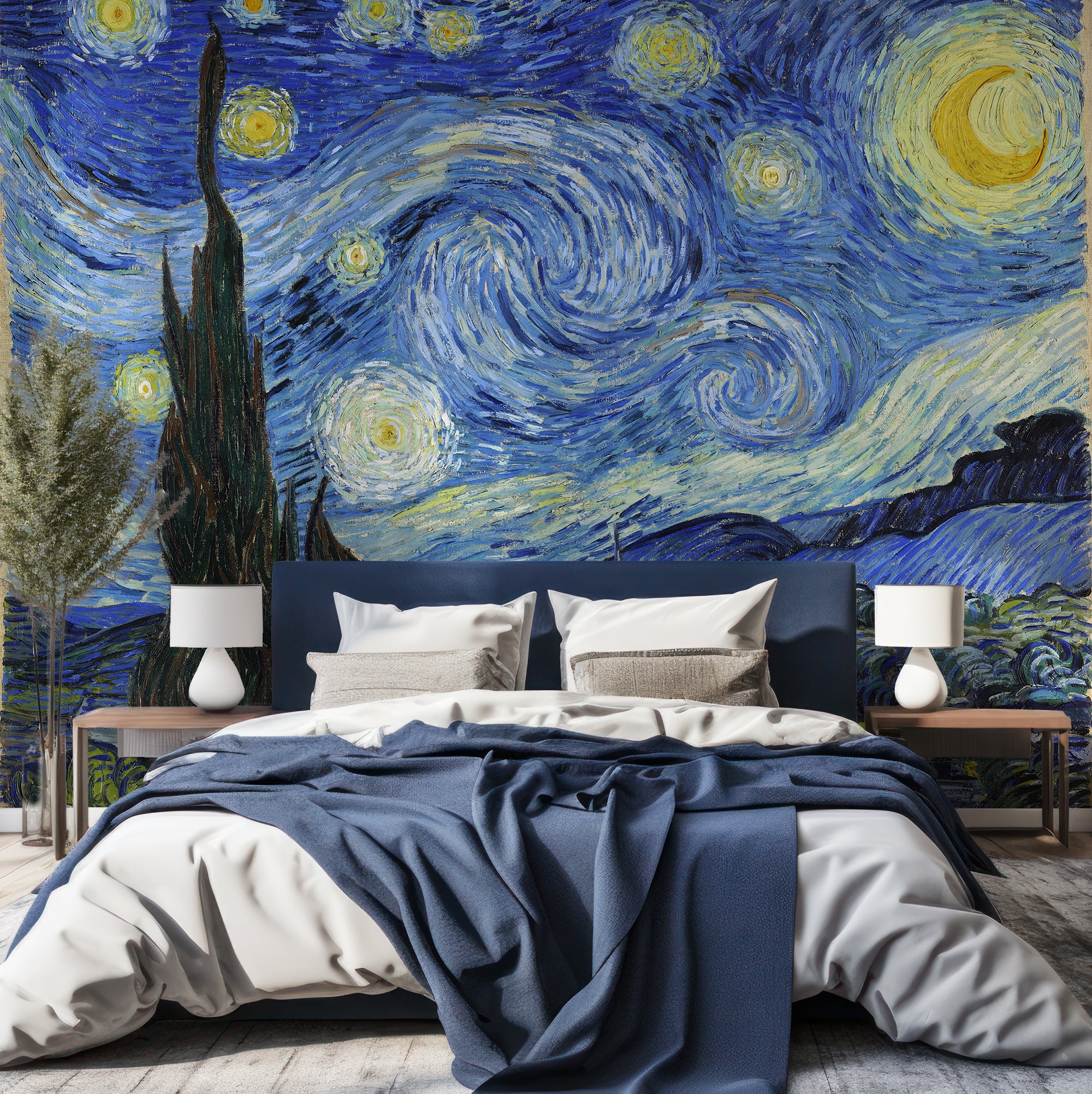 Starry Night - Swirling Oil Painting of Stars Above A Small Village Wallpaper Mural - Image 3