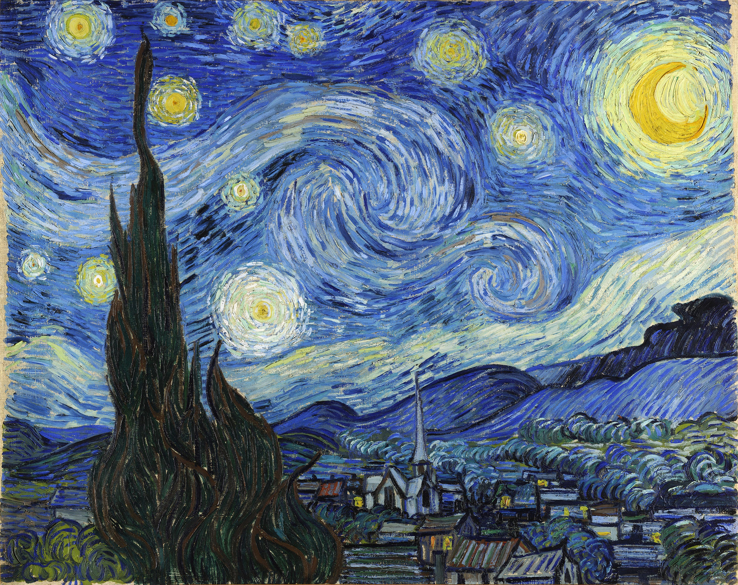 Starry Night - Swirling Oil Painting of Stars Above A Small Village Wallpaper Mural - Image 4