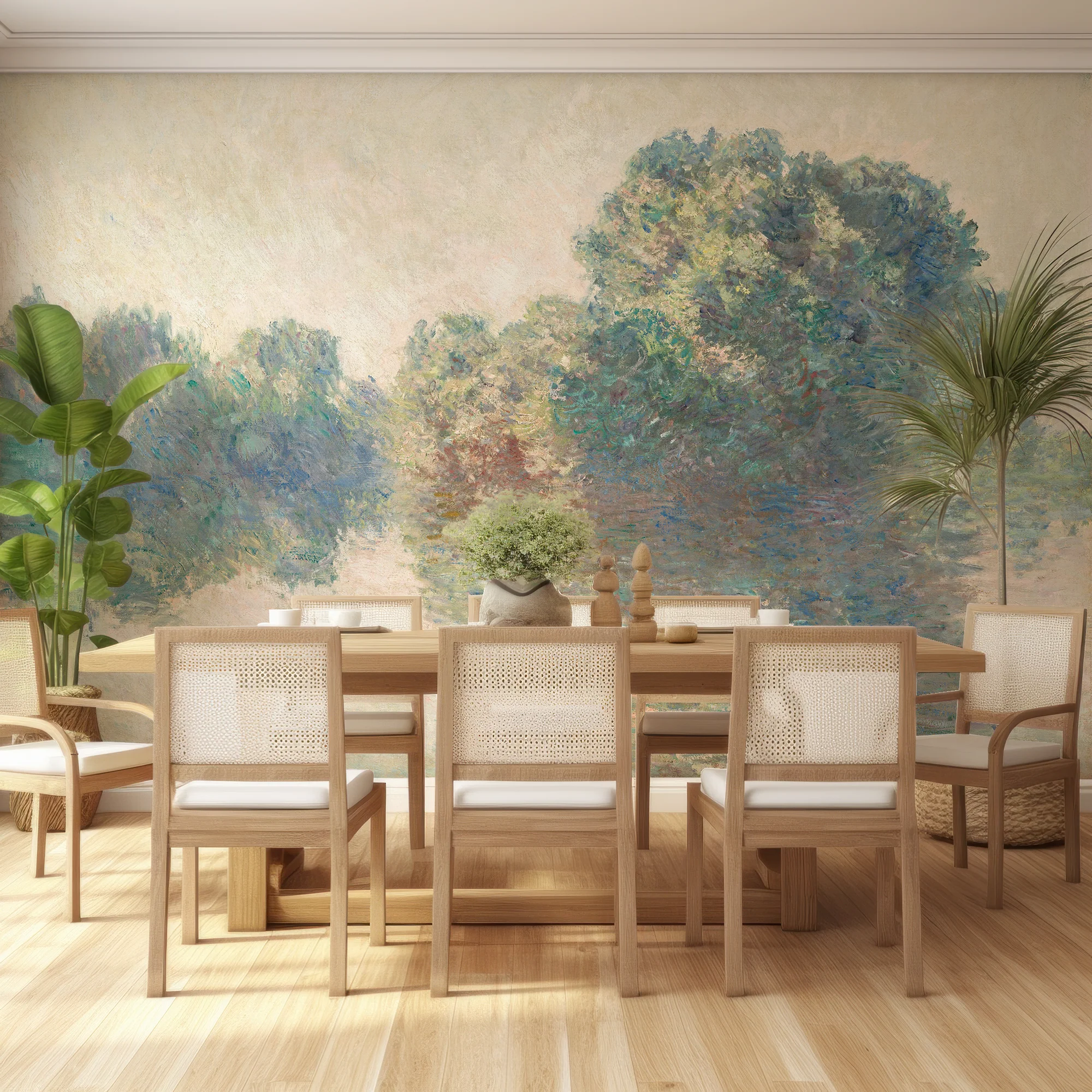 Riverbank Reflections - Vintage Green Riverside Oil Painting Wallpaper Mural - Image 3
