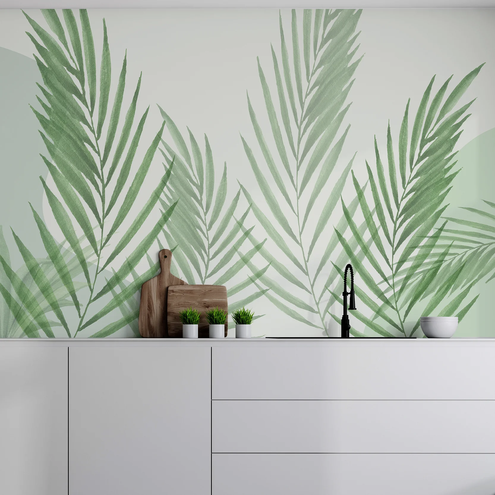 Raffia Green - Watercolour Green Minimalistic Leaves Wallpaper Mural - Image 4